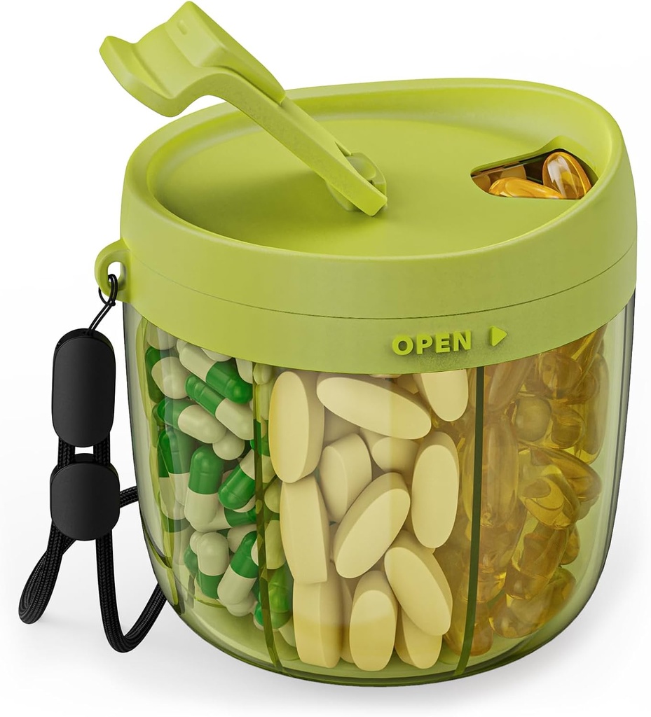 PULIV Portable Pill Dispenser Bottle, Vitamin Organizer with 7 Compartments, Holds Plenty of Supplements with Anti-Mixing & Wide Openings Design, Easy to Retrieve Meds, Includes 20 Pcs Labels Green