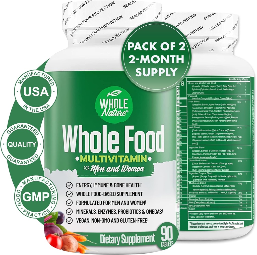 Multivitamina entera de alimentos para hombres y mujeres completa vitaminas de superalimentos diarios más minerales enzimas digestivas, probióticos y omegas. Vitamina Multicon base vegetal, no GMO (2)