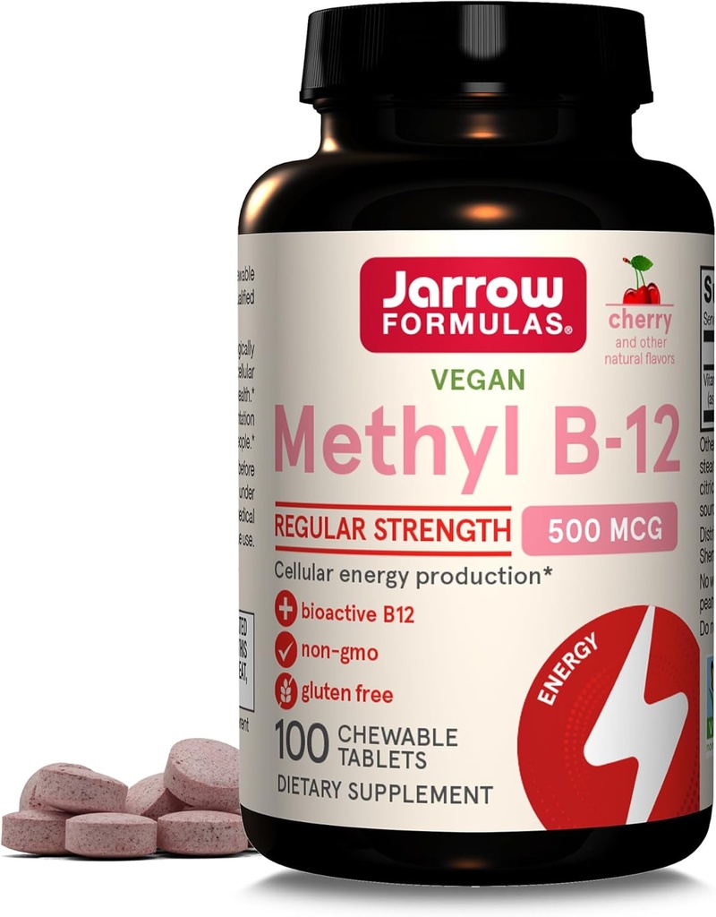 Jarrow Formulas® Methyl B-12 Tablets, 500 mg, Dietary Supplement for Cellular Energy Production and Brain Health Support, 100 Cherry Flavor Chewable Tablets, 100 Day Supply