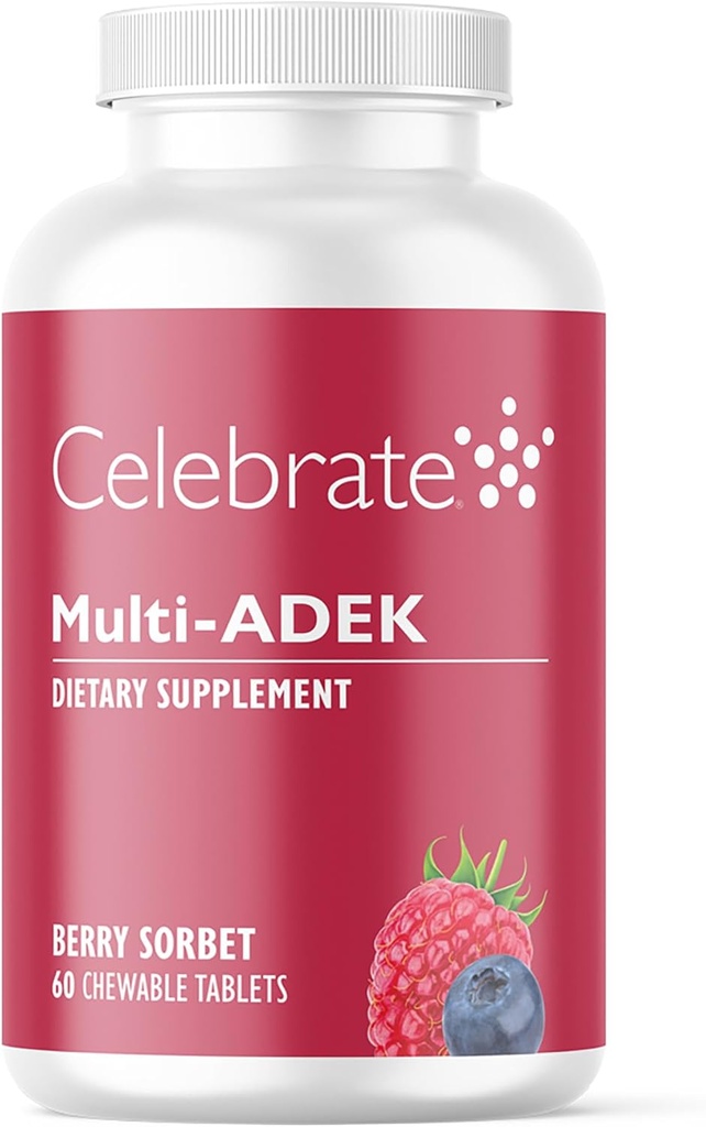 Celebrar Vitaminas Multi ADEK Chewables, Hierro Libre - Multivitaminas Bariatric diarias, Alto Nivel de Vitaminas A, D, E, K &amp; B12 para Cirugía de Interruptor Duodenal Pacientes - Berry Sorbert (60 Tablets)