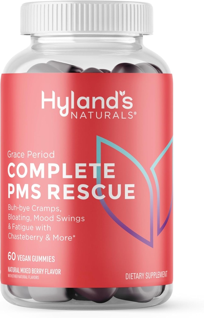 Hyland's Grace Period Complete PMS Rescue, 60 Gummies Vegan con Chasteberry y Dong Quai para soporte menstrual y B6 y B12 para la formación de células rojas de sangre