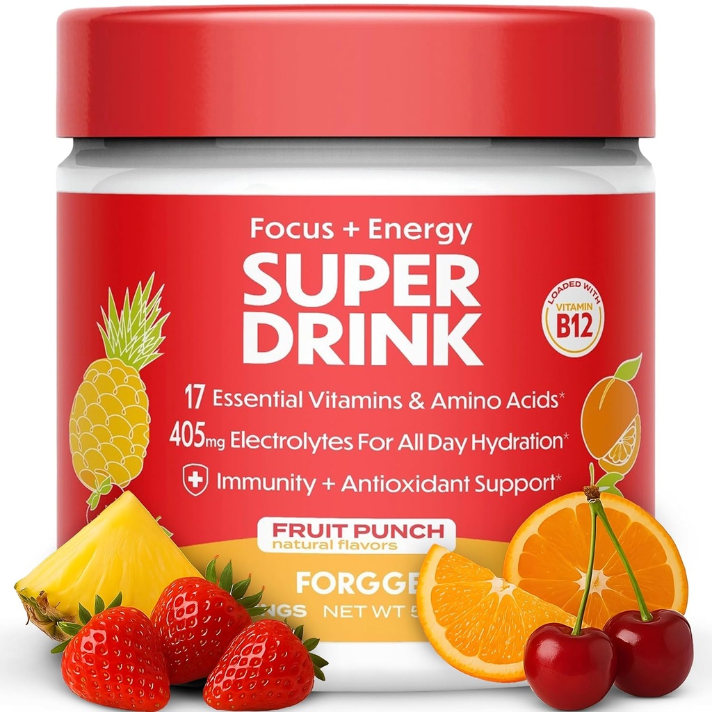 Forgge Healthy Energy Drink Powder Mix - Clean Caffeine + B12, B6, C & D Vitaminas - Sugar Free Energy Drink Powder with Electrolytes, Amino Acids, Antioxidants, Lions Mane - Vegan, Keto-Friendly - 30 SVG, Fruit Punch
