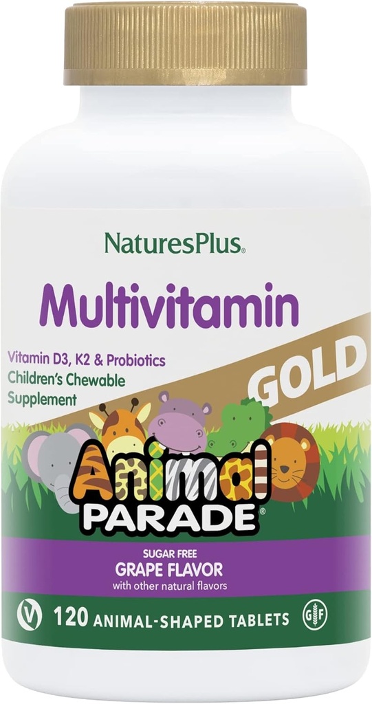Natures Plus Animal Parade Gold Children's Multivitamin, Grape Flavor - 120 Chewable Animal Shaped Tablets - Vegan, Gluten Gratis - 60 Servings
