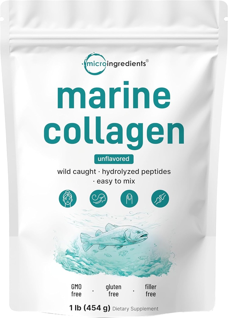 Micro Ingredientes Marine Collagen Peptides Powder, 1 lb  duración Tipo I Marine Collagen + Natural Protein ← Wild-Caught Fish Source ← Desarrollado ← Apoya el cabello, la piel y la salud conjunta ← Pescatarian, No GMO