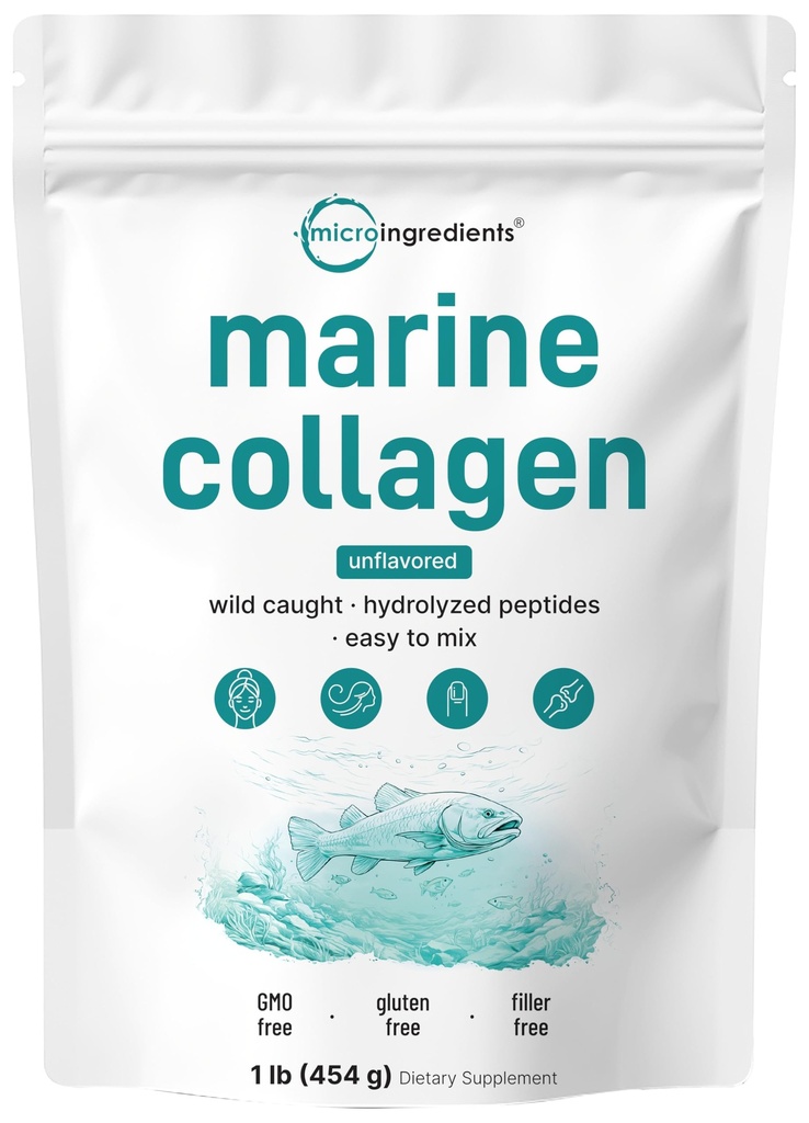 Micro Ingredientes Marine Collagen Peptides Powder, 1 lb  duración Tipo I Marine Collagen + Natural Protein ← Wild-Caught Fish Source ← Desarrollado ← Apoya el cabello, la piel y la salud conjunta ← Pescatarian, No GMO