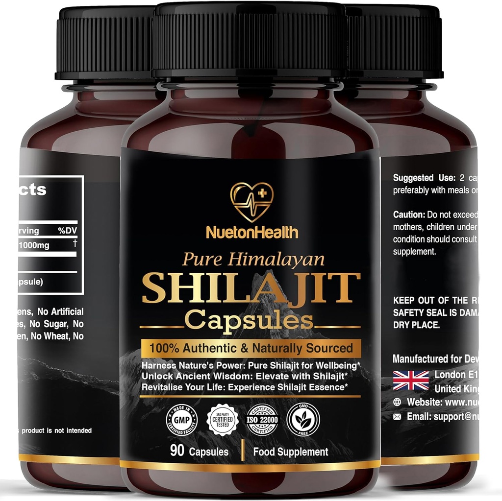 Himalayan Shilajit Capsules - 100% Puro &amp; Natural 90 Píldoras Vegan - Gold Grade Wellness, Energy & Vitality Supplement for Men &amp; Women - Grade A Shilajit Rich in Fulvic & Humic Acid