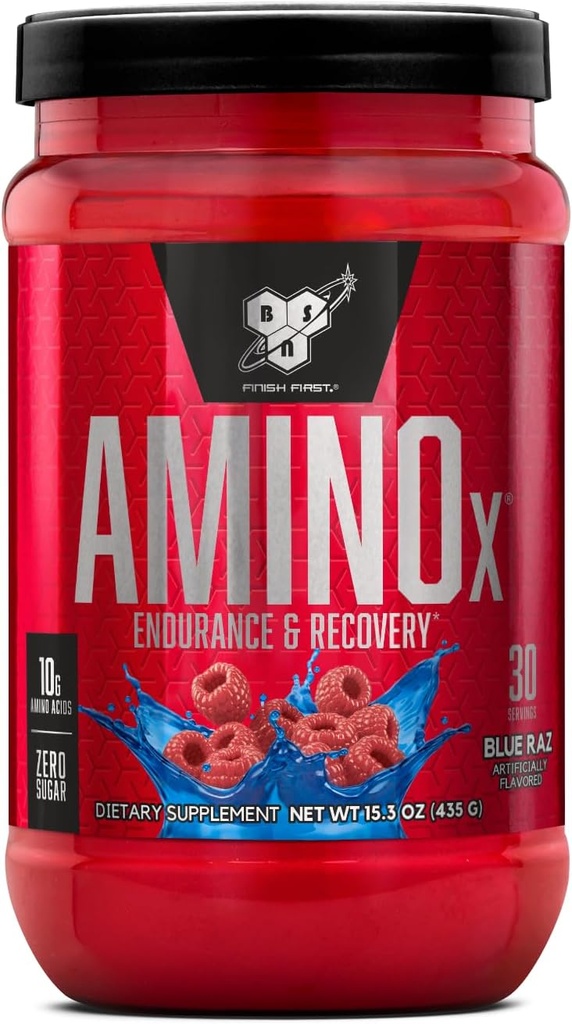 BSN Amino X Muscle Recovery & Endurance Powder with BCAAs, 10 Grams of Amino Acids, Keto Friendly, Caffeine Free, Support Endurance, Zero Sugar, Blue Raz, 30 servings (Packaging May Vary)