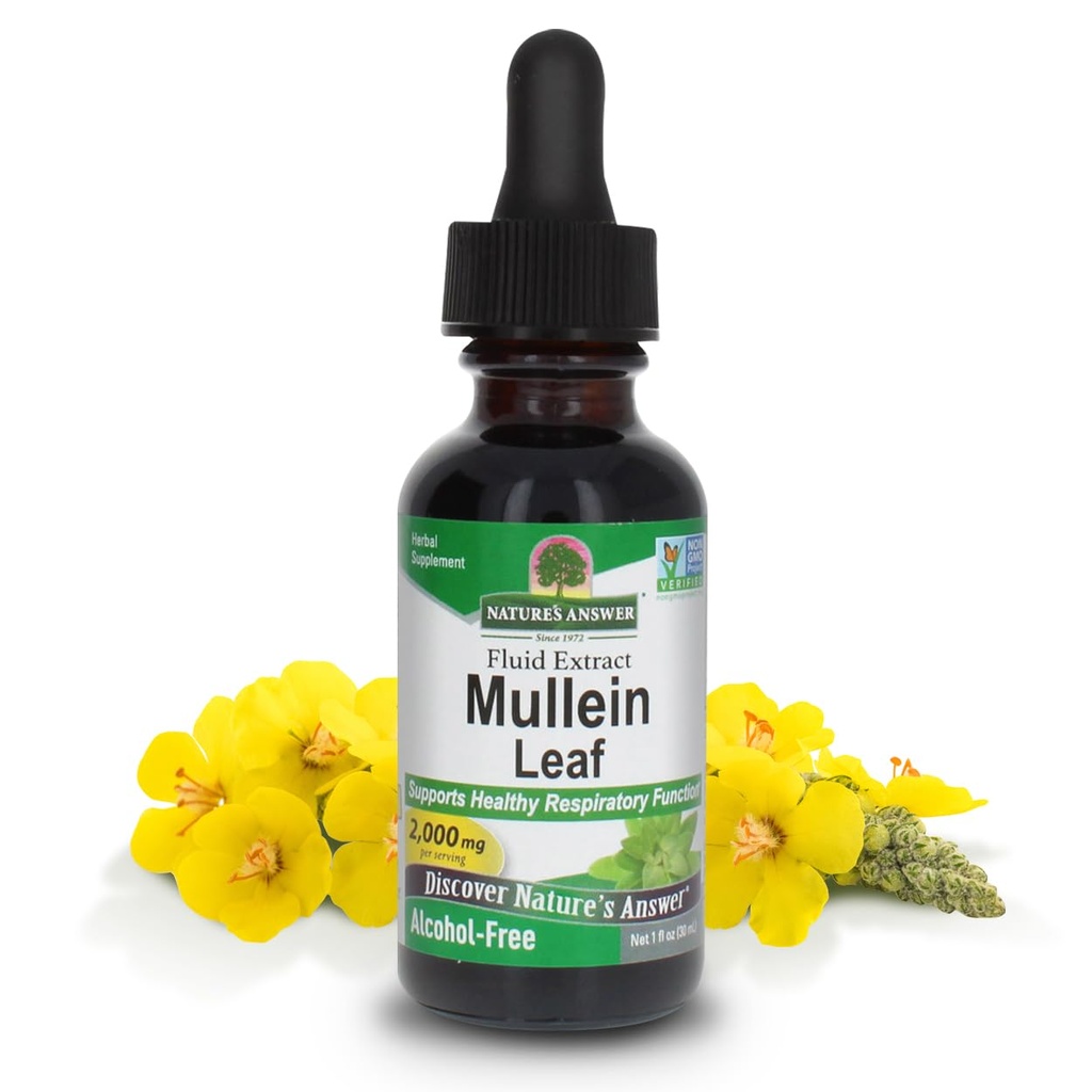 Respuesta de la naturaleza Mullein Leaf ← Herbal Supplement ← Apoya la función respiratoria " Mucous Membranes TEN NO GMO " Kosher ANTE Gluten-Free " Alcohol-Free 1oz (2 Pack)