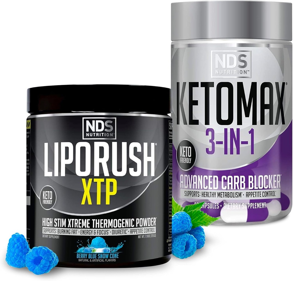 NDS Nutrition XTP Thermogenic Blue Berry Snow Cone (45 Servings) y Keto-Max Advanced 3-in-1 Pills Carb Blocker Appetite Suppressant (90 Capsules)