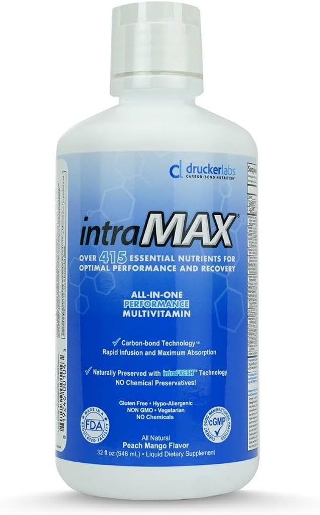 IntraMAX Organic Liquid Multivitamin, Non GMO, Dairy Free, Gluten Free, Magnesium, Vitamin D, C y E, Zinc (32 oz., Peach Mango)