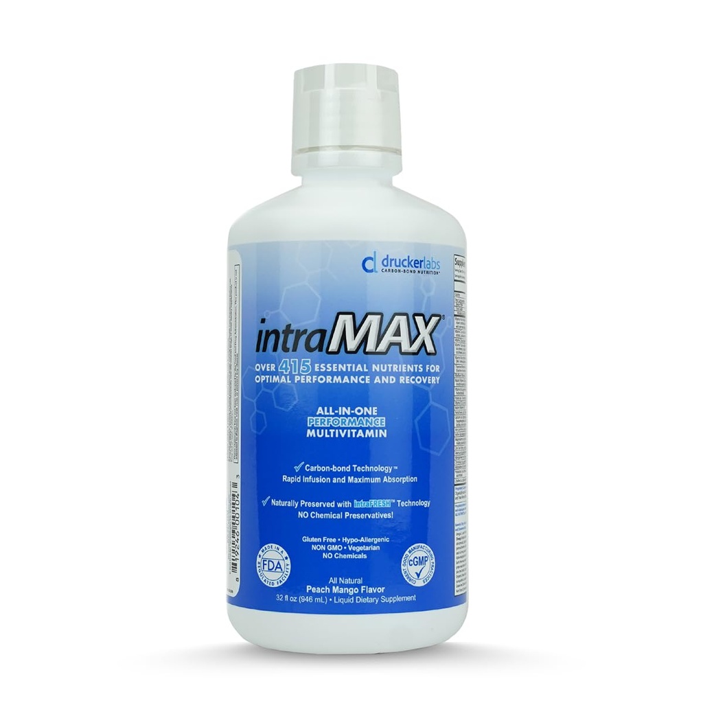 IntraMAX Organic Liquid Multivitamin, Non GMO, Dairy Free, Gluten Free, Magnesium, Vitamin D, C y E, Zinc (32 oz., Peach Mango)