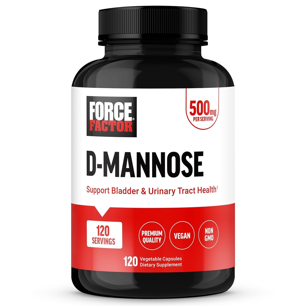 FORCE FACTOR D Mannose, D-Mannose 500mg Suplemento de Apoyo a la Salud de la Tracto Urinaria para Mujeres y Hombres, Suplementos de Control de Vejiga, Calidad Premium, Vegan, No GMO, 120 cápsulas
