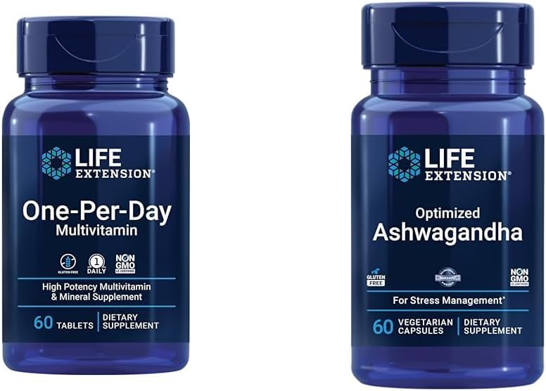 Extensión de la vida Multivitamina 60 Tabletas y optimizado Ashwagandha 60 cápsulas Bundle