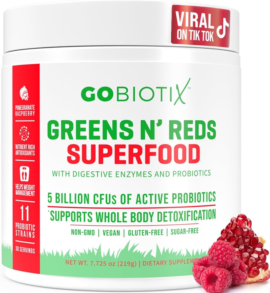 GOBIOTIX Super Verdes y Rojos Polvo - Superalimentos Rojos y Verdes - Suplemento Probiótico - Enzimas Digestivos y Polvo de Hoja - Suplemento dietético Orgánica Total de Alimentos (Pom Raspberry, 1 Pack)