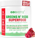 GOBIOTIX Super Verdes y Rojos Polvo - Superalimentos Rojos y Verdes - Suplemento Probiótico - Enzimas Digestivos y Polvo de Hoja - Suplemento dietético Orgánica Total de Alimentos (Pom Raspberry, 1 Pack)