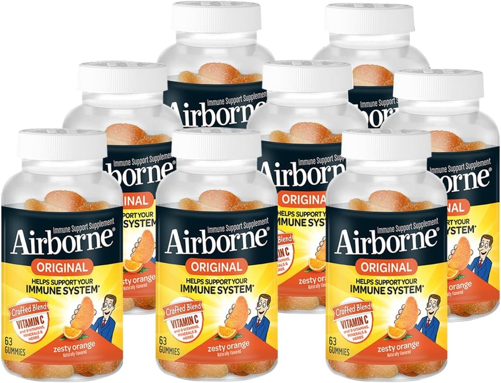 Airborne 750mg Vitamina C Immune Support Suplemento Gummies for Adults, Zesty Orange Flavor, Gluten Free Crafted Blend with Powerful Antioxidants Vitaminas A C &amp; E, 63 Gummies (8 Pack)