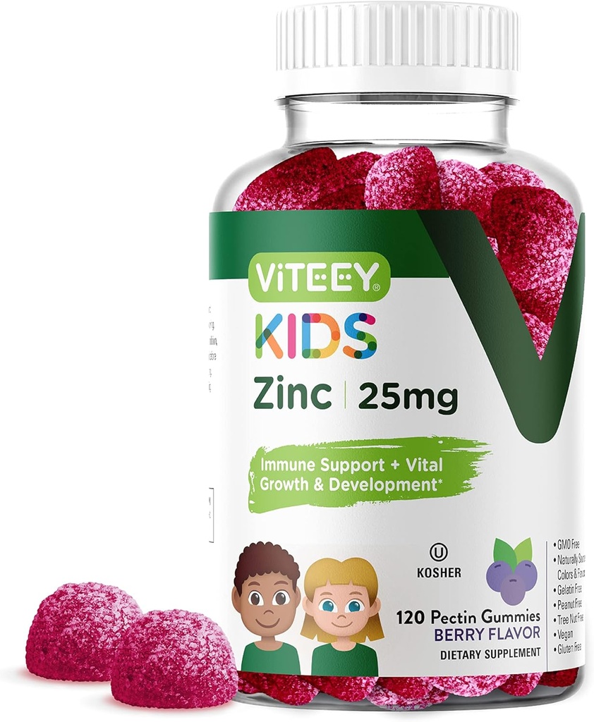 Viteey Zinc for Kids Gummies, 25 mg - Soporte inmunitario para niños &amp; adolescentes - potente antioxidante natural, niños Zinc vitamina Suplemento - Vegan, Gelatin Gratis, Gluten Gratis - Tasty Chewable Berry Flavor Gummy