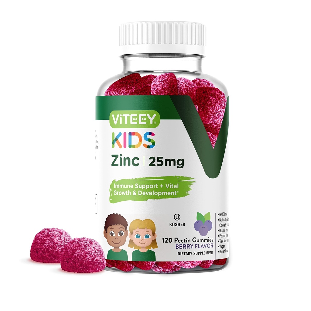 Viteey Zinc for Kids Gummies, 25 mg - Soporte inmunitario para niños &amp; adolescentes - potente antioxidante natural, niños Zinc vitamina Suplemento - Vegan, Gelatin Gratis, Gluten Gratis - Tasty Chewable Berry Flavor Gummy