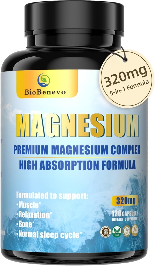 Complejo de Magnesio 5-en-1 Silencioso 320mg de Magnesium Glycinate, Malate, Citrate... Silencioso para el sueño, relajación muscular, y metabolismo de energía TEN High Absorption ANTE Vegan, Non-GMO Silencio 120 Capsules