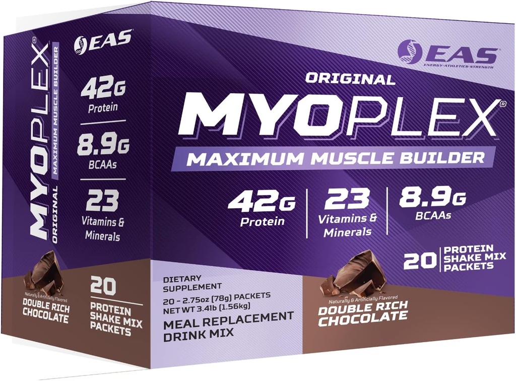 Experimental &amp; Applied Sciences EAS Original Myoplex Maximum Muscle Builder ← Meal Reemplazo Protein Drink Mix ← Calidad Protein Blend ← 42g Protein ← 20 Packets individuales (Double Rich Chocolate)