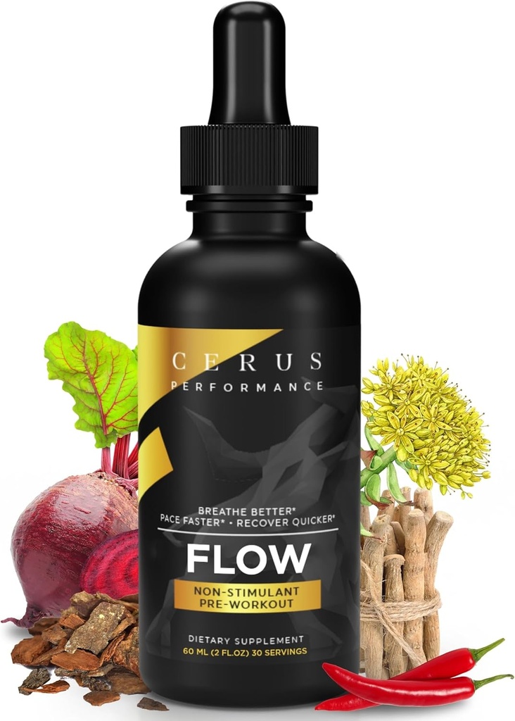 Cerus Performance Flow Stimulant-Free Endurance Pre-Workout – Boosts Stamina, soporta la salud cardíaca con hierbas naturales, Vegan-Friendly - 2 Fl Oz