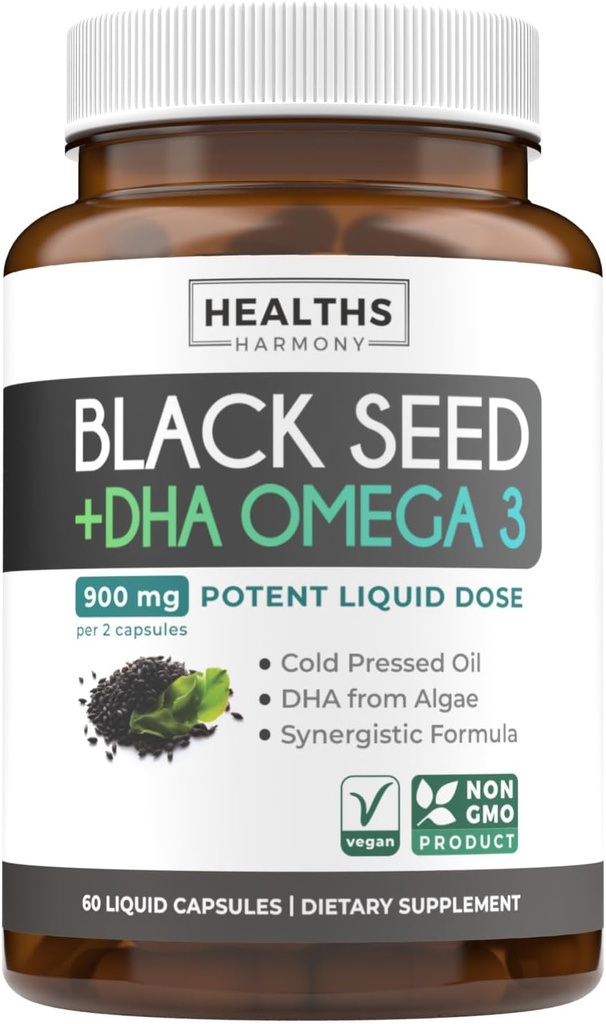 Cold-Presed Black Seed Oil Capsules - Vegan Non-GMO Nigella Sativa Black Seed Oil Supplement with Omega 3 DHA for Full Body Wellness & Brain Support - Vegan Omega 3 & Thymoquinone-Rich (1 Mes)