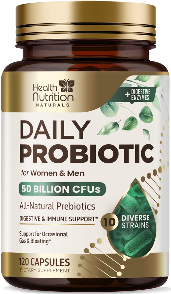 Probióticos 60 Billones CFU + 10 Strains - Daily Probiotic Lactobacillus Blend for Immune, Digestive & Gut Health Support, Prebióticos y Probióticos, Gas &amp; Bloating for Women &amp; Hombre - 120 cápsulas