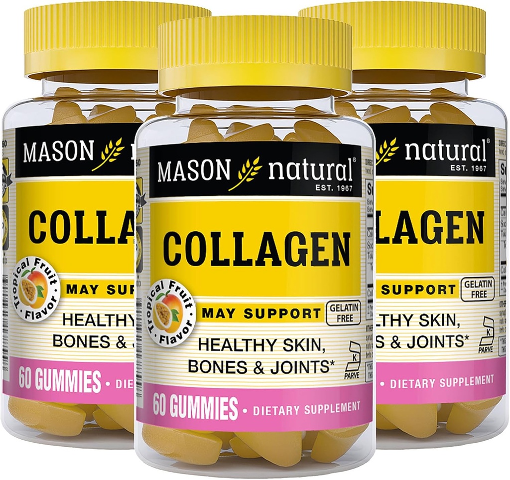 MASON NATURAL Collagen Gummies - Soporta la piel sana, los huesos y las articulaciones, Flavor tropical, Kosher, 60 Gummies (Pack of 3)