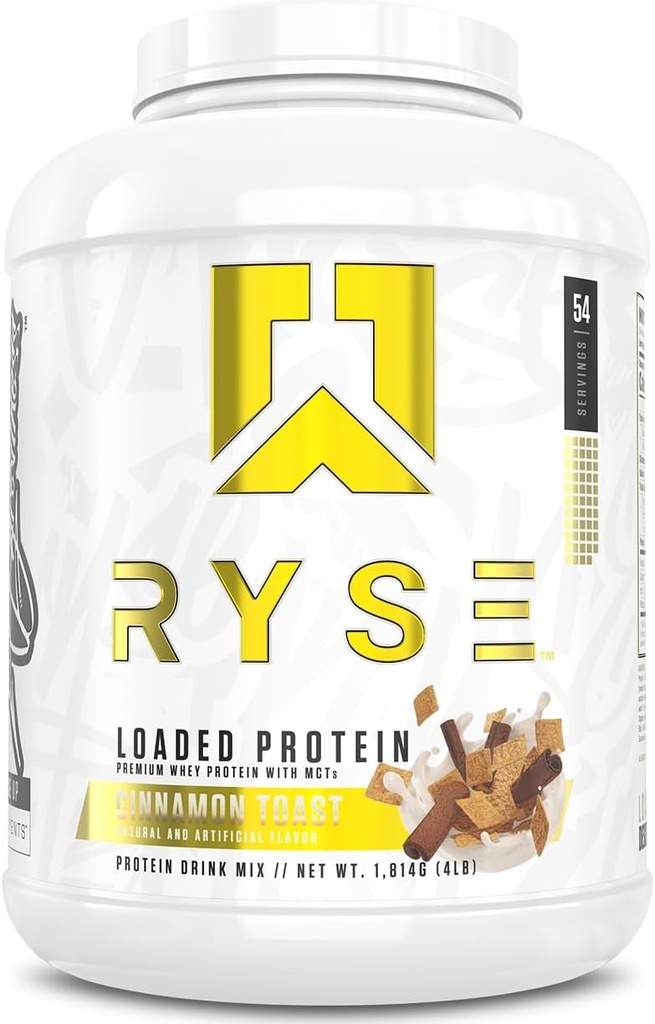 Polvo de proteína cargada RYSE - Cinnamon Toast - 25g Whey Protein Isolate " Concentrate with Prebiotic Fiber " MCTs - Low Carb, Low Sugar, Digestive-Friendly - 54 Servings / 4 lb Tub