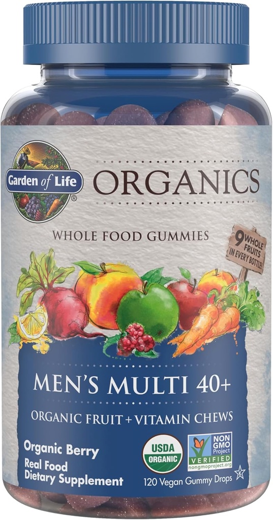 Garden of Life Organics Men 40+ Gummy Vitamins - Berry - Certified Organic, Non-GMO, Vegan, Kosher Complete Multi - Methyl B12, C & D3 - Gluten, Soy &amp; Dairy Gratis, 120 Real Fruit Gummies