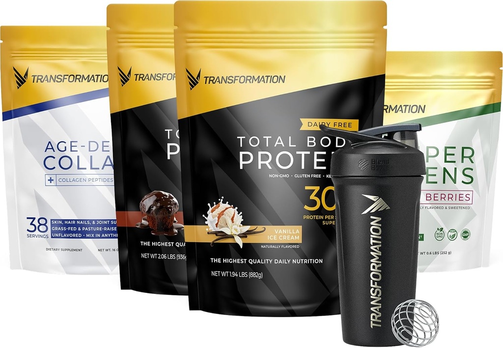 Transformación Vainilla &amp; Chocolate Protein Powder ← Super Greens Superfood Green Juice Powder ← Grass-Fed Hydrolyzed Collagen Peptides Powder ← Transformation Performance Shaker BlenderBottle