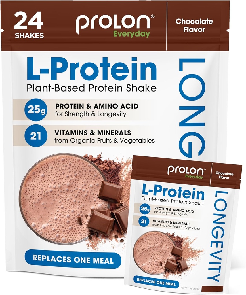 Prolon Longevity Plant Based Protein Powder ← Muscle Synthesis " Repair, Healthy Aging, Boost Performance ← Vitaminas, Gluten Free, Amino Acids, Antioxidantes latitud 25g of Protein  durable Chocolate, 24 Packets