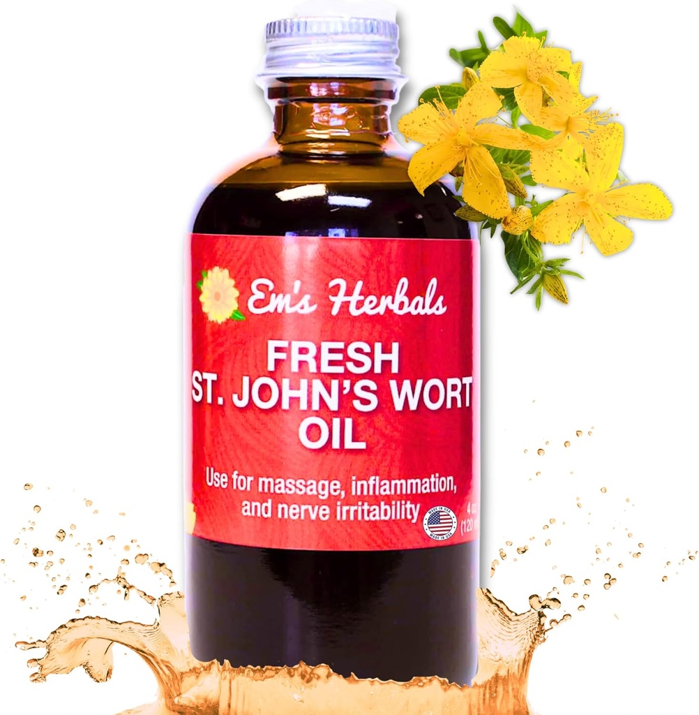 Em's Herbals Fresh St. John's Wort Oil - Wild Harvested in USA, Natural Solution for Nerve Discomfort, Skin Eruptions, Wound Care, Scar, and Stretch Marks - Skin, Face, Body, Hair, Massage Oil (4 Oz)