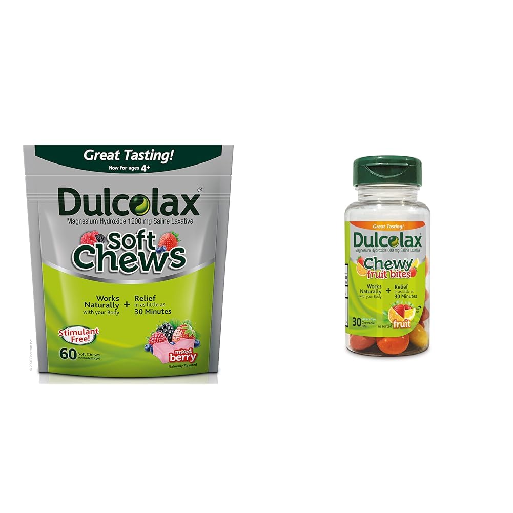 Dulcolax Soft Chews Saline Laxative Mixed Berry (60ct) Gentle Constipation Relief, Magnesium Hydroxide 1200mg & Chewy Fruit Bites, Saline Laxative, Assorted Fruit (30ct) Cramp-Free Constipation Relief
