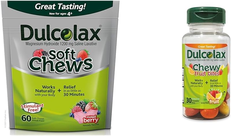 Dulcolax Soft Chews Saline Laxative Mixed Berry (60ct) Gentle Constipation Relief, Magnesium Hydroxide 1200mg " Chewy Fruit Bites, Saline Laxative, Assorted Fruit (30ct) Cramp-Free Constipation Relief