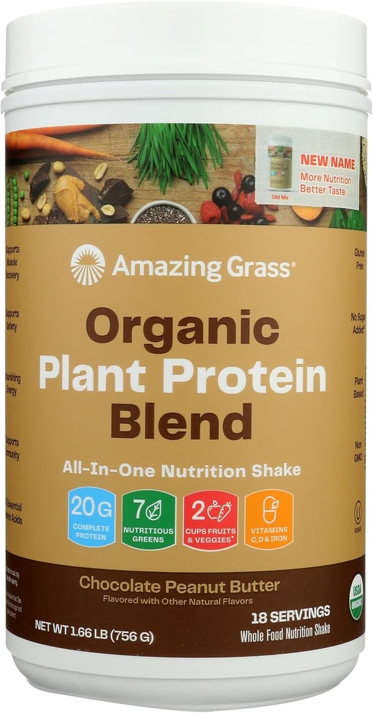 Amazing Grass Organic Plant Protein Blend: Vegan Protein Powder, New Protein Superfood Formula, All-In-One Nutrition Shake With Beet Root, Original, 18 Servings (Chocolate Peanut Butter)
