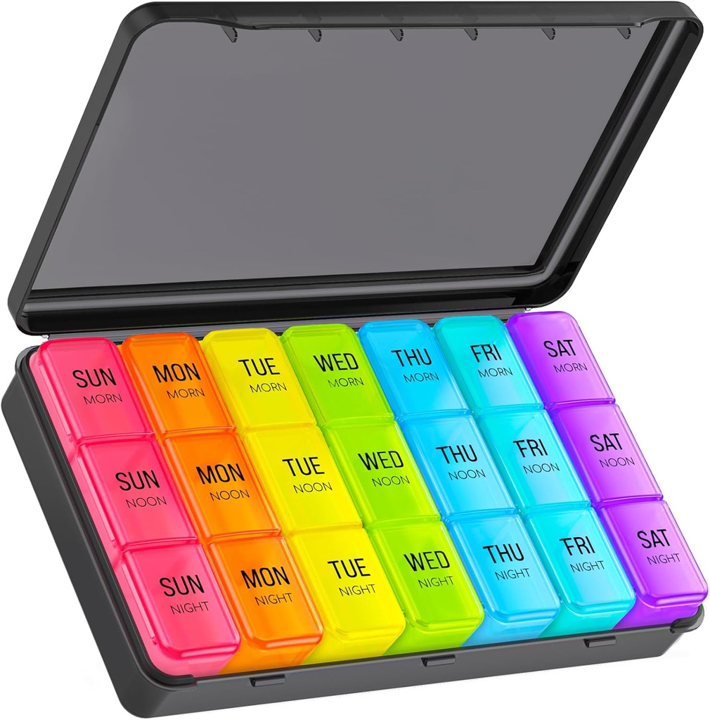 Gran organizador de píldoras 3 veces al día, caja semanal de píldoras 7 día con caso exterior negro para la protección de la privacidad " ligera prueba, caso de píldoras portátiles para vitaminas, aceites de pescado, suplementos