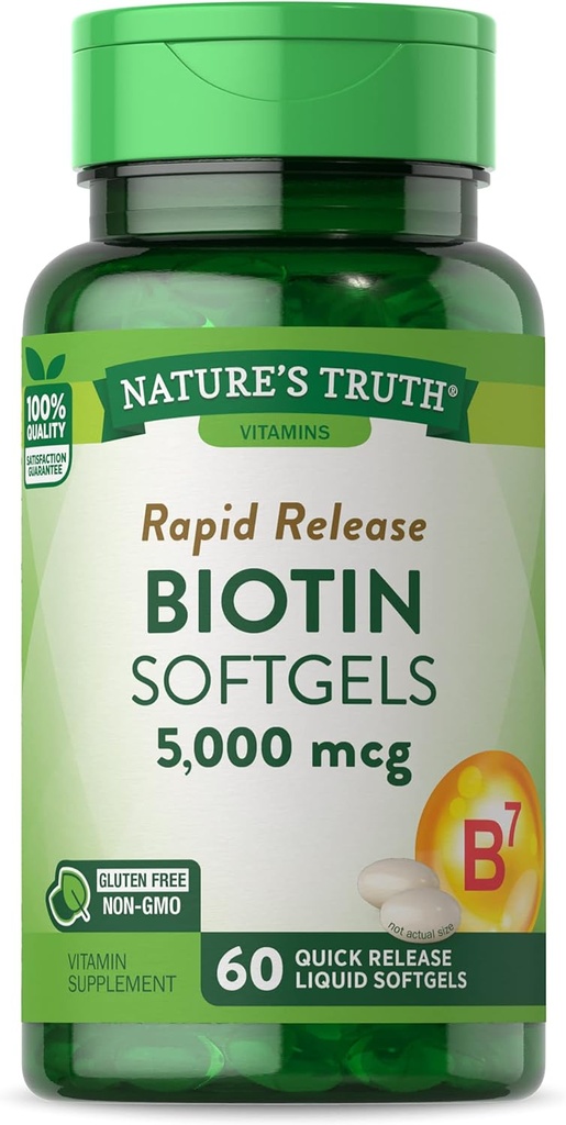 La verdad de la naturaleza Biotin 5000mcg ← 60 softgels ← Non-GMO & Gluten Suplemento gratuito para hombres y mujeres