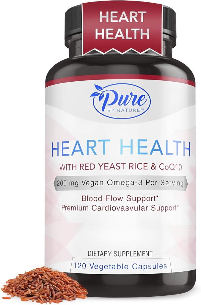 Pura por naturaleza Rice de levadura roja con suplemento CoQ10 para hombres &amp; mujeres, 200 mg Omega Vegan 3 por ser, sin gluten no GMO, 120 cápsulas