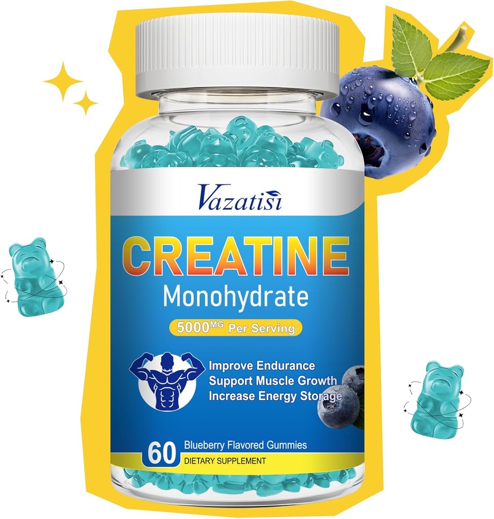 Creatine Monohydrate Gummies for Women &amp; Men, Sugar Free Vegan Creatine Supplement for Build Muscles, Increase Energy & Strength, Blueberry Flavor, 60 Count