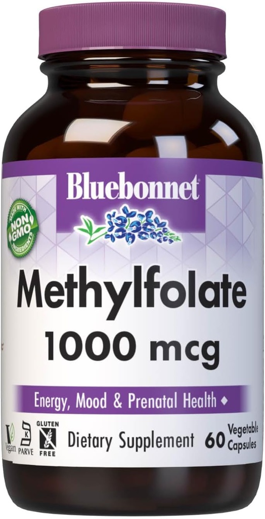 BlueBonnet Nutrition Methylfolate 1000 mcg, for Energy, Mood, and Prenatal Health*, Non-GMO, Vegan, Kosher Certified, Gluten-Free, 60 Vegetable Capsules, 60 Servings