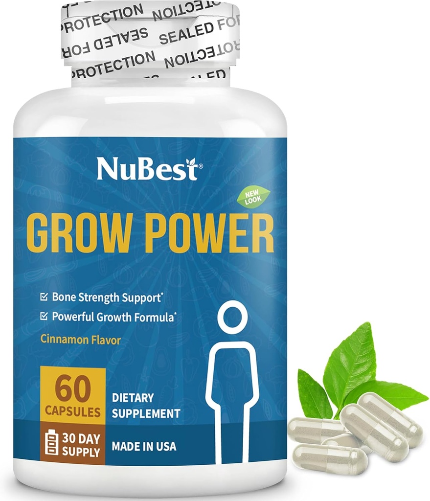 NuBest Grow Power - Suplemento de calcio - Suplemento de magnesio con vitamina D3, B6, Zinc, fósforo y multivitamínico para huesos fuertes, salud general para la edad 10+  60 cápsulas