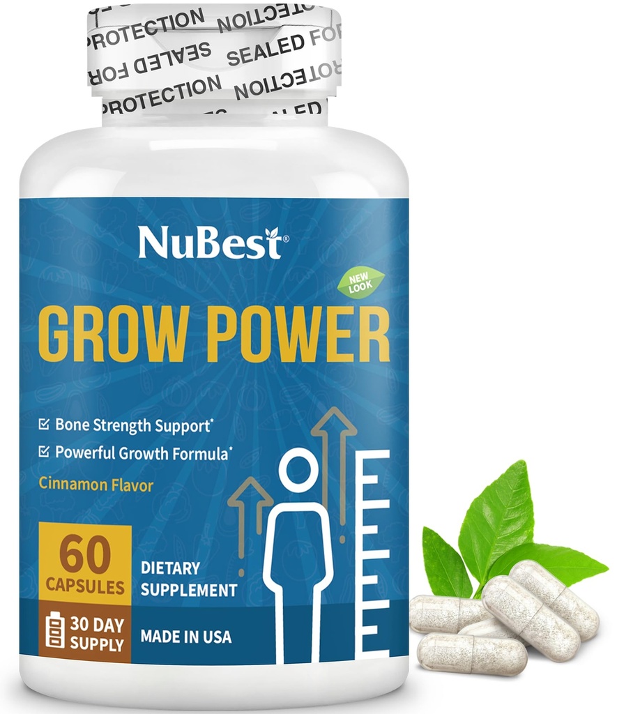 NuBest Grow Power - Suplemento de calcio - Suplemento de magnesio con vitamina D3, B6, Zinc, fósforo y multivitamínico para huesos fuertes, salud general para la edad 10+  60 cápsulas