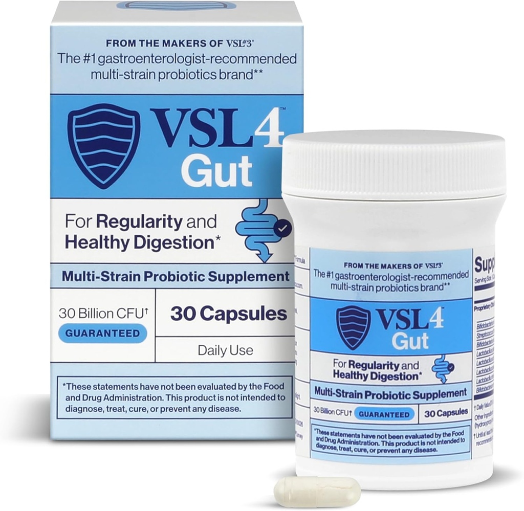 VSL4® Gut Daily Probiotics for Gut Health - 30B CFUs, Multi-Strain Digestive Support for Women &amp; Men, Promotes Gut Balance & Regularity, Potent, Shelf-Stable Probiotic Supplement, 30 Capsules
