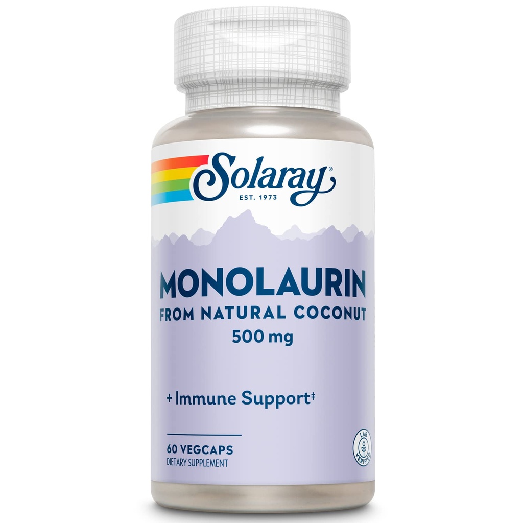 SOLARAY Monolaurin 500mg de coco natural - Suplemento Monolaurin para el apoyo nutritivo poderoso - Garantía de devolución de dinero de 60 días, Lab Verified - 60 Servimientos, 60 VegCaps