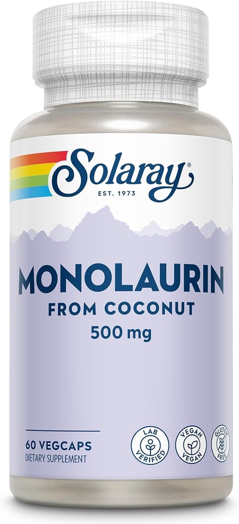 SOLARAY Monolaurin 500mg de coco natural - Suplemento Monolaurin para el apoyo nutritivo poderoso - Garantía de devolución de dinero de 60 días, Lab Verified - 60 Servimientos, 60 VegCaps