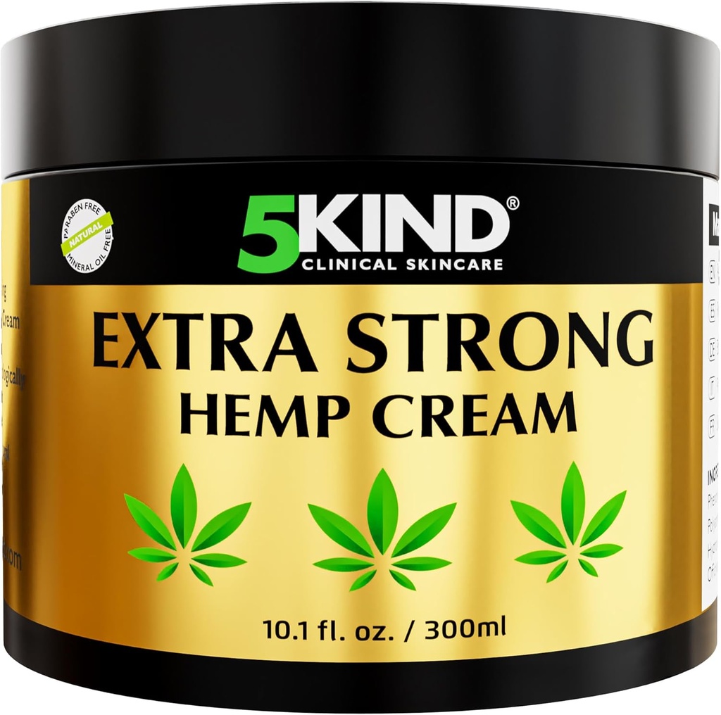 5kind Extra Strong Hemp Cream 10.1 fl oz - Maximum Strength - Natural Soothing Relief Joint Cream - Muscle Rub for Lower Back, Joints, Neck, Knees & Hombros
