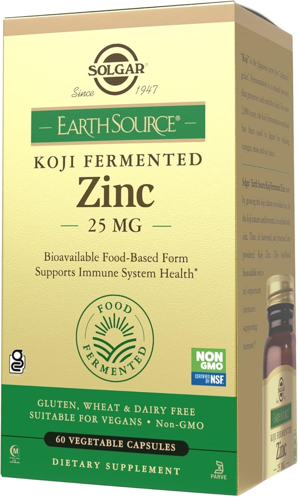 Solgar Earth Source Food Fermented Koji Zinc 25mg, 60 cápsulas vegetales - mayor absorción, zinc biodisponible para la salud de la piel de inmune - non-GMO, Vegan, Gluten No, Dairy No, Kosher - 60 servicios