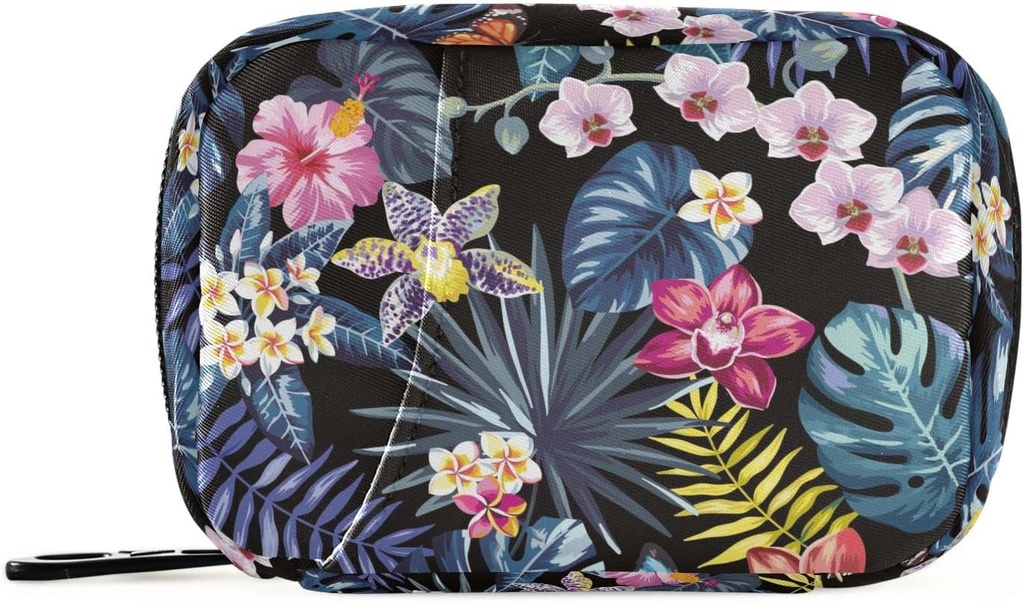 Naanle Pill Organizer Hawaii Palm Leaves Flower Pill Box 7 Day Pill Case Bag Travel Pill Organizer Bag with Zipper Portable Weekly Case Compact Size for Vitamin Supplement Holder