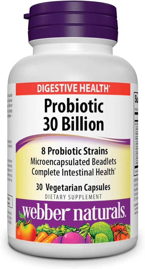 Probióticos Webber Naturals, Alta Potencia, 30 Billones CFU, para Hombres, Mujeres y Adultos, Establo Stable (No Se requiere Refrigeración), 8 Strains Probióticos, 30 cápsulas vegetarianas, para Salud Digestiva